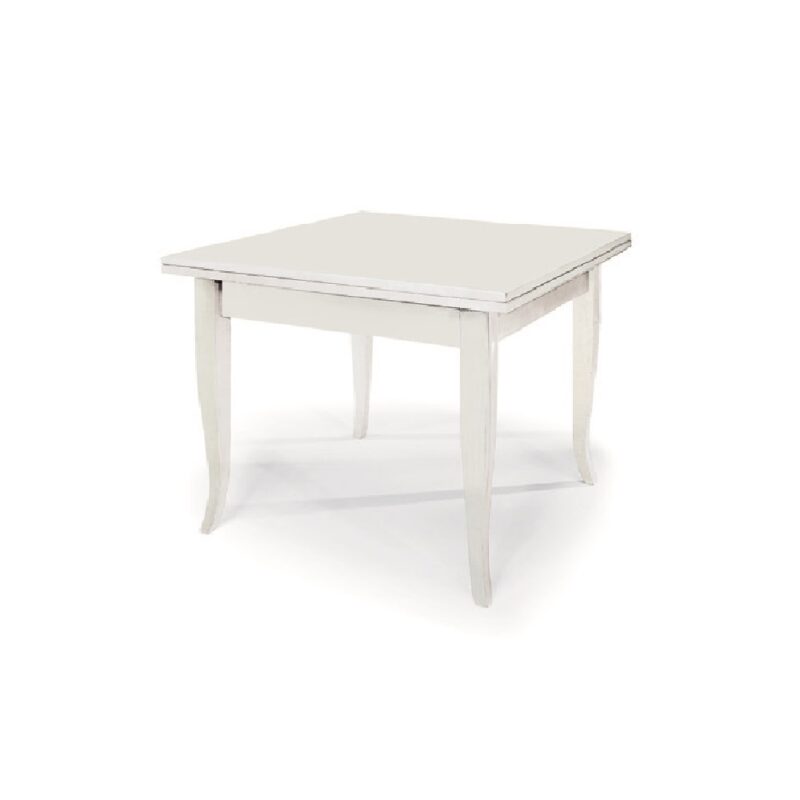 Tavolo stile classico, in legno massello e mdf con rifinitura in bianco opaco con apertura a libro